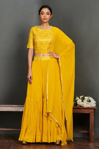 Shop gorgeous yellow mirror work sharara suit online in USA with dupatta.  Make a fashion statement on festive occasions and weddings with designer suits, Indian dresses, Anarkali suits, palazzo suits, designer gowns, sharara suits from Pure Elegance Indian fashion store in USA.-full view