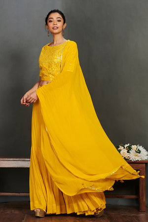 Shop gorgeous yellow mirror work sharara suit online in USA with dupatta.  Make a fashion statement on festive occasions and weddings with designer suits, Indian dresses, Anarkali suits, palazzo suits, designer gowns, sharara suits from Pure Elegance Indian fashion store in USA.-dupatta