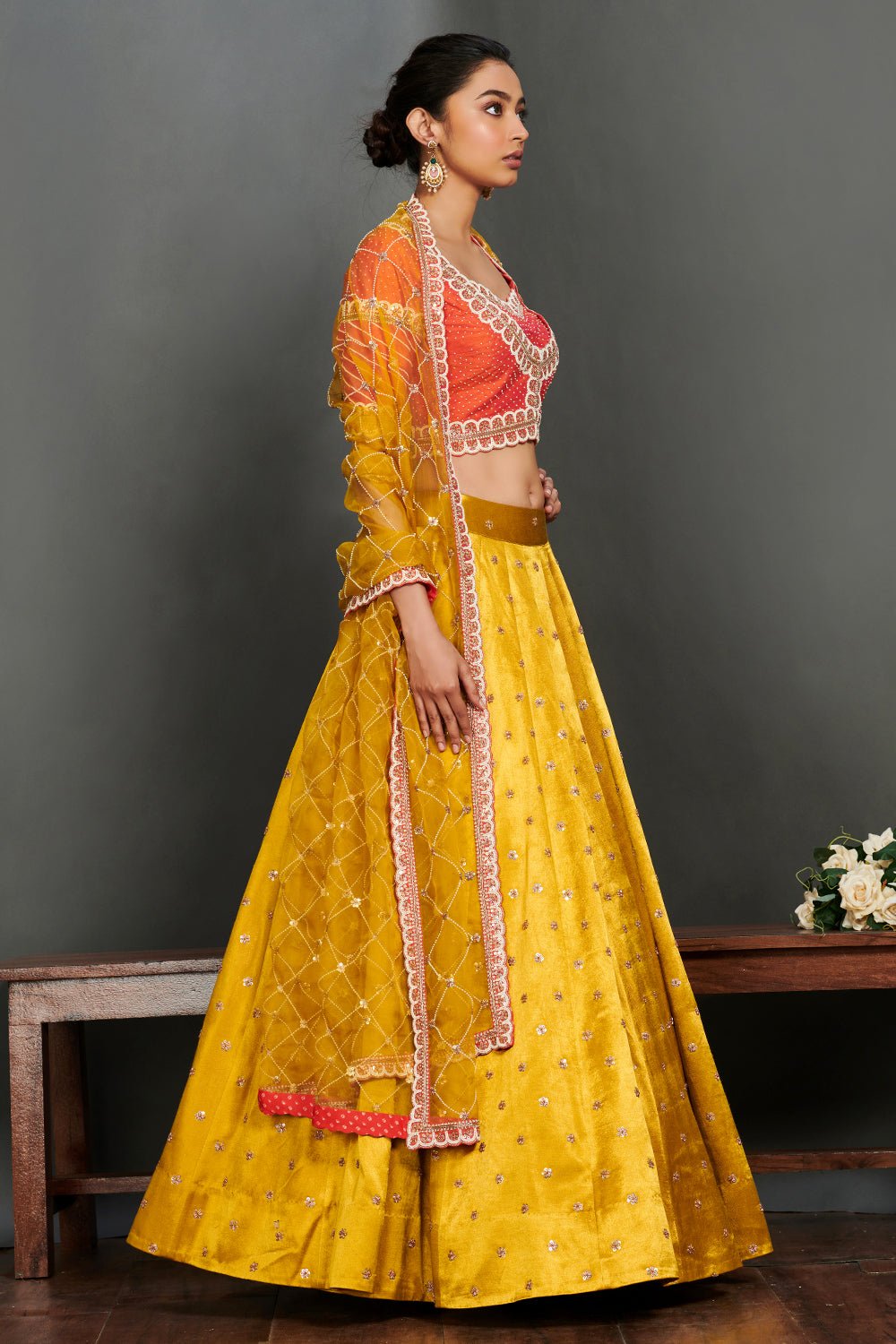 Shop gorgeous yellow embroidered cotton lehenga online in USA with coral choli. Make a fashion statement on festive occasions and weddings with palazzo suits, sharara suits, partywear dresses, salwar suits from Pure Elegance Indian fashion store in USA.-right