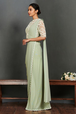 Buy beautiful mint green georgette saree online in USA with sheet jacket saree blouse. Make a fashion statement on festive occasions and weddings with palazzo suits, sharara suits, partywear dresses, salwar suits from Pure Elegance Indian fashion store in USA.-side