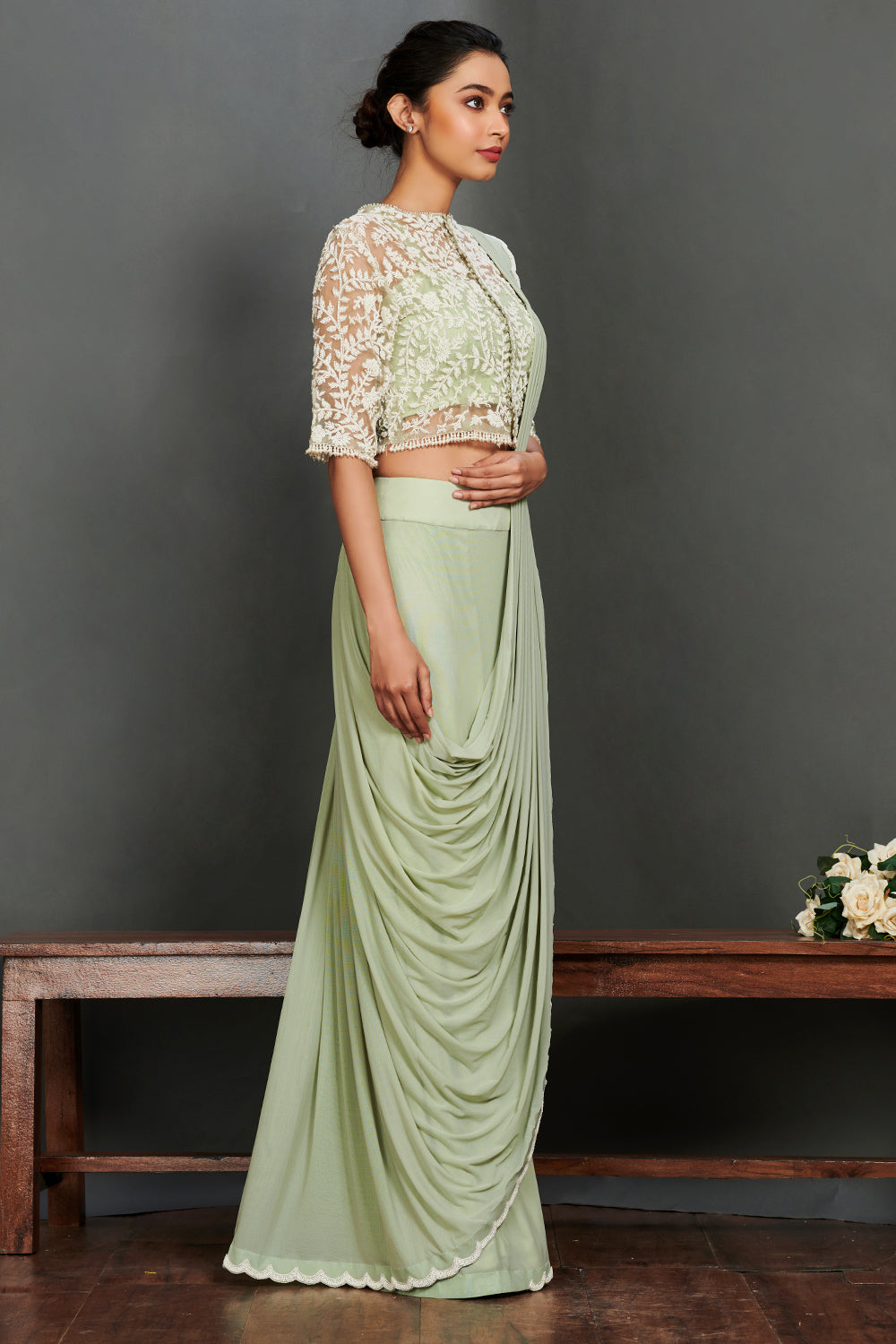 Buy beautiful mint green georgette saree online in USA with sheet jacket saree blouse. Make a fashion statement on festive occasions and weddings with palazzo suits, sharara suits, partywear dresses, salwar suits from Pure Elegance Indian fashion store in USA.-right