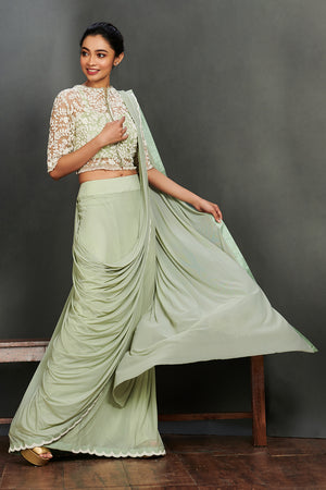 Buy beautiful mint green georgette saree online in USA with sheet jacket saree blouse. Make a fashion statement on festive occasions and weddings with palazzo suits, sharara suits, partywear dresses, salwar suits from Pure Elegance Indian fashion store in USA.-pallu