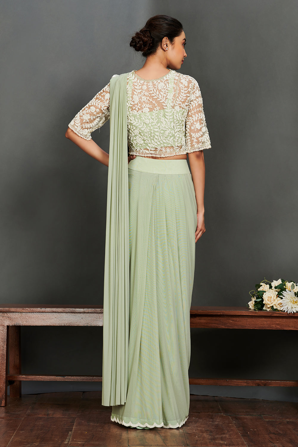 Buy beautiful mint green georgette saree online in USA with sheet jacket saree blouse. Make a fashion statement on festive occasions and weddings with palazzo suits, sharara suits, partywear dresses, salwar suits from Pure Elegance Indian fashion store in USA.-back