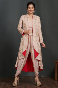 Shop stunning rose pink crop top and pant set online in USA with jacket. Make a fashion statement on festive occasions and weddings with palazzo suits, sharara suits, partywear dresses, salwar suits from Pure Elegance Indian fashion store in USA.-full view