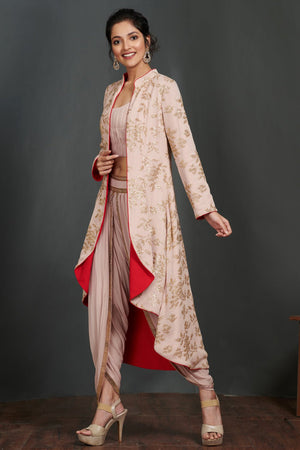 Shop stunning rose pink crop top and pant set online in USA with jacket. Make a fashion statement on festive occasions and weddings with palazzo suits, sharara suits, partywear dresses, salwar suits from Pure Elegance Indian fashion store in USA.-side