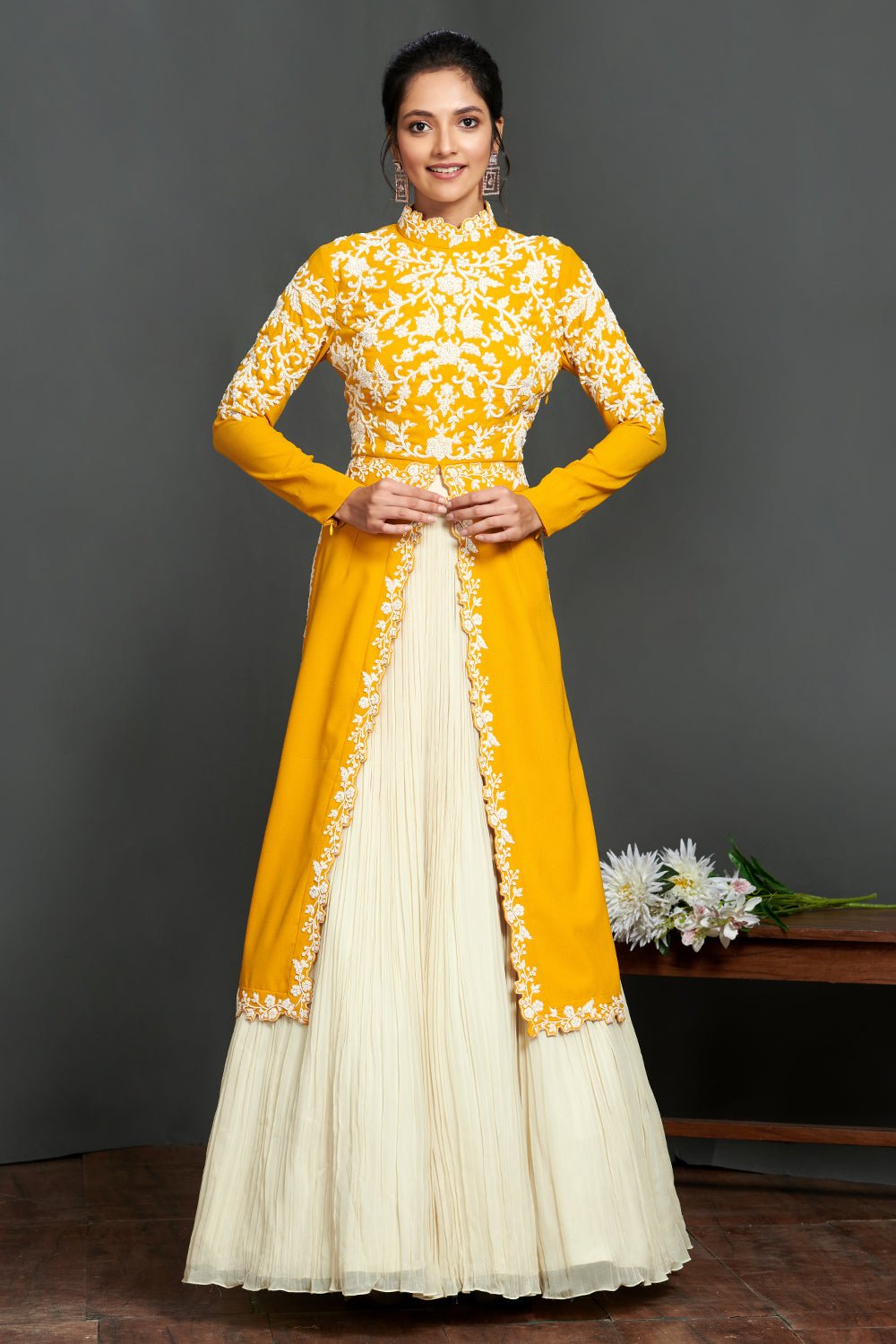 Shop stunning yellow and cream embroidered kurta online in USA with lehenga. Make a fashion statement on festive occasions and weddings with palazzo suits, sharara suits, partywear dresses, salwar suits from Pure Elegance Indian fashion store in USA.-full view