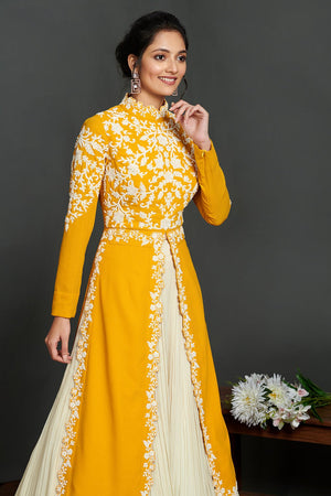 Shop stunning yellow and cream embroidered kurta online in USA with lehenga. Make a fashion statement on festive occasions and weddings with palazzo suits, sharara suits, partywear dresses, salwar suits from Pure Elegance Indian fashion store in USA.-kurta