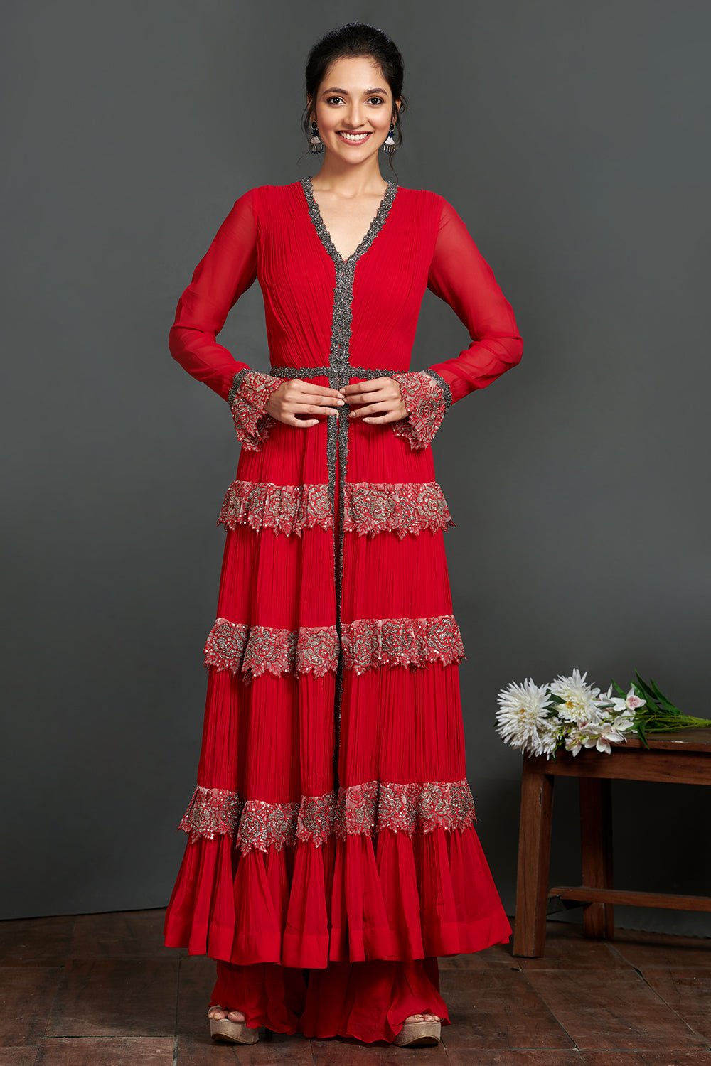 Buy stunning red and metallic front open Anarkali online in USA  Make a fashion statement on festive occasions and weddings with designer suits, Indian dresses, Anarkali suits, palazzo suits, designer gowns, sharara suits from Pure Elegance Indian fashion store in USA.-front