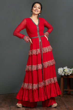 Buy stunning red and metallic front open Anarkali online in USA  Make a fashion statement on festive occasions and weddings with designer suits, Indian dresses, Anarkali suits, palazzo suits, designer gowns, sharara suits from Pure Elegance Indian fashion store in USA.-side