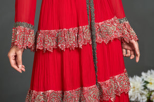 Buy stunning red and metallic front open Anarkali online in USA  Make a fashion statement on festive occasions and weddings with designer suits, Indian dresses, Anarkali suits, palazzo suits, designer gowns, sharara suits from Pure Elegance Indian fashion store in USA.-details