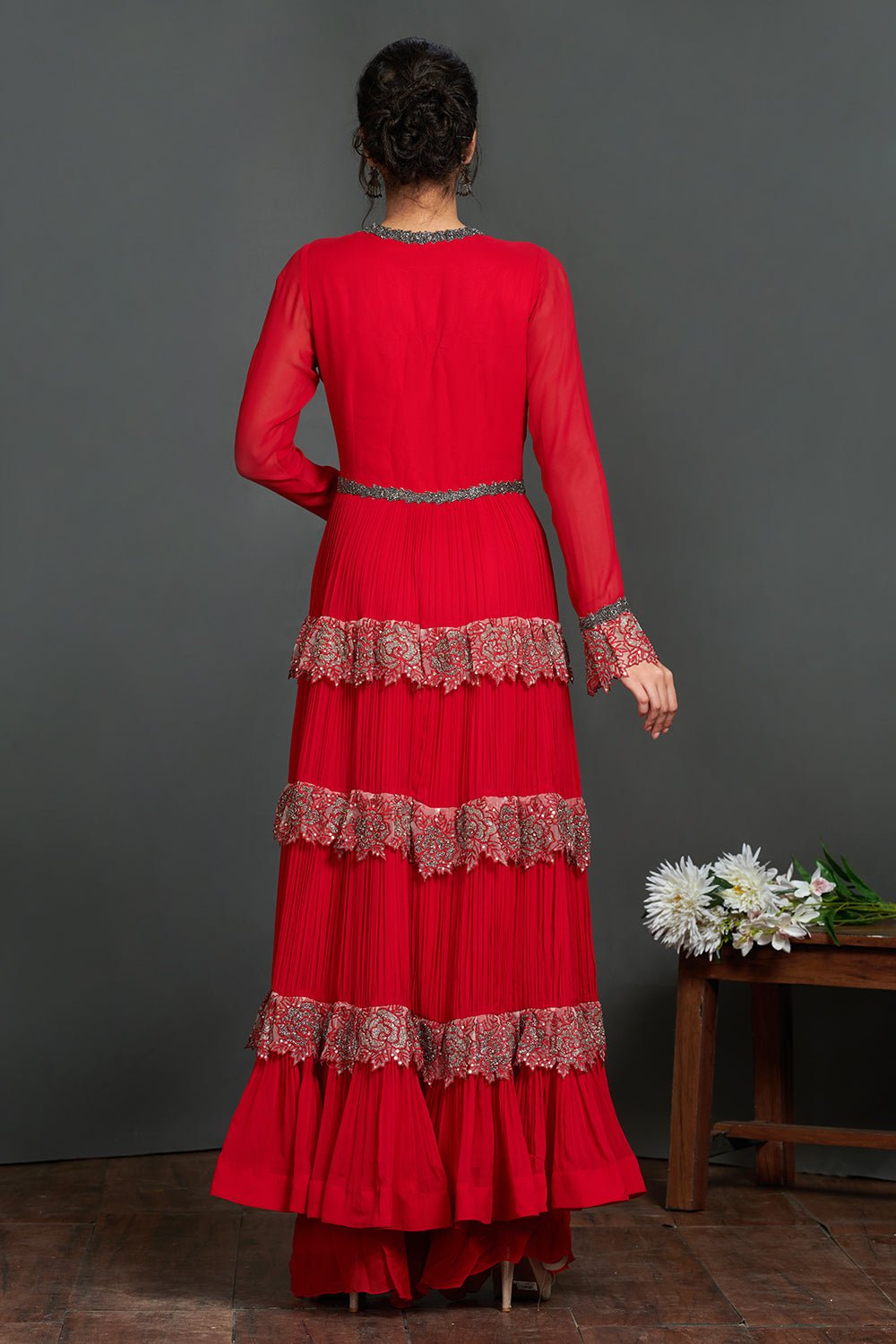 Buy stunning red and metallic front open Anarkali online in USA  Make a fashion statement on festive occasions and weddings with designer suits, Indian dresses, Anarkali suits, palazzo suits, designer gowns, sharara suits from Pure Elegance Indian fashion store in USA.-back