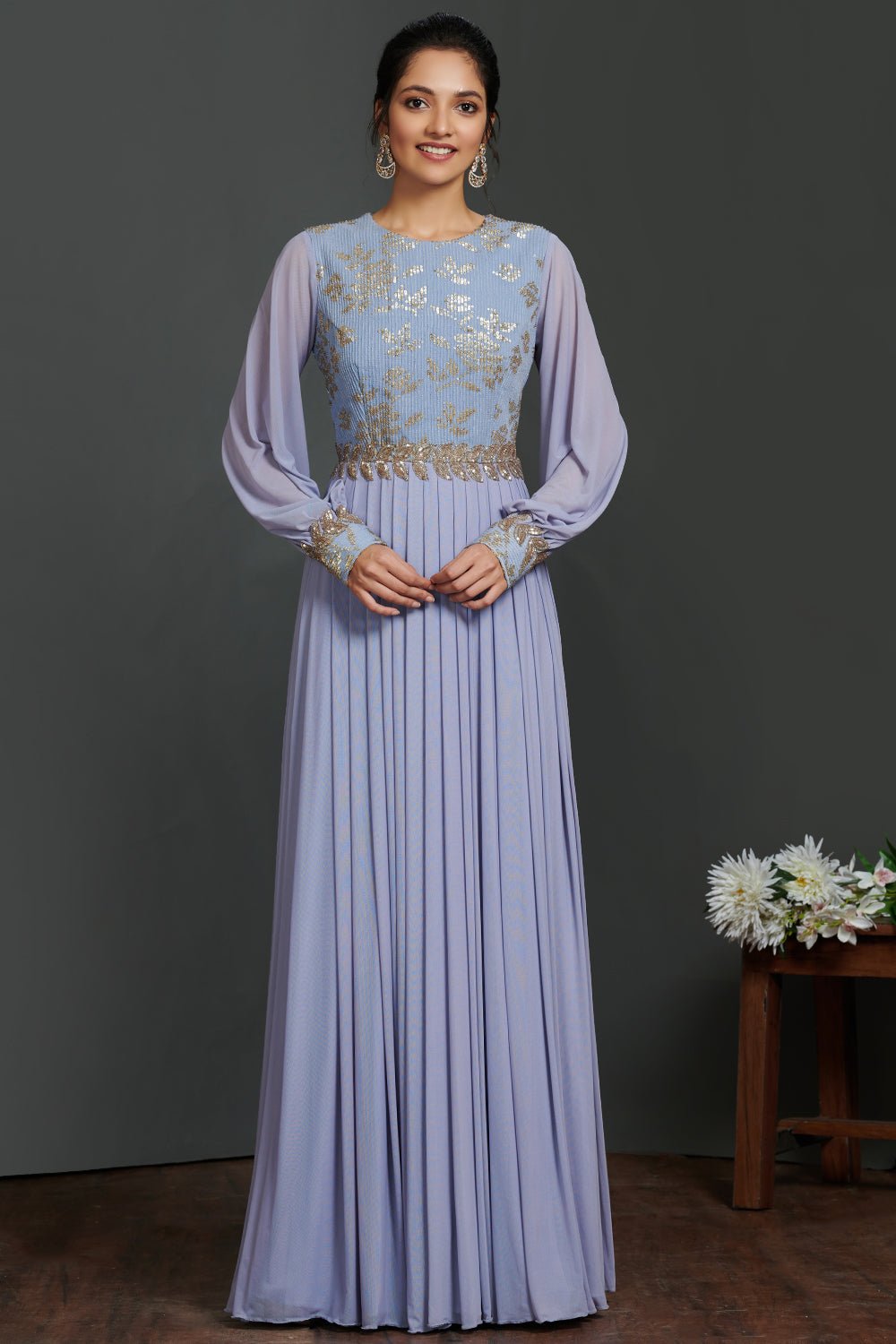 Buy stunning lavender balloon sleeves designer gown online in USA. Make a fashion statement on festive occasions and weddings with palazzo suits, sharara suits, partywear dresses, salwar suits, designer gowns from Pure Elegance Indian fashion store in USA.-full view