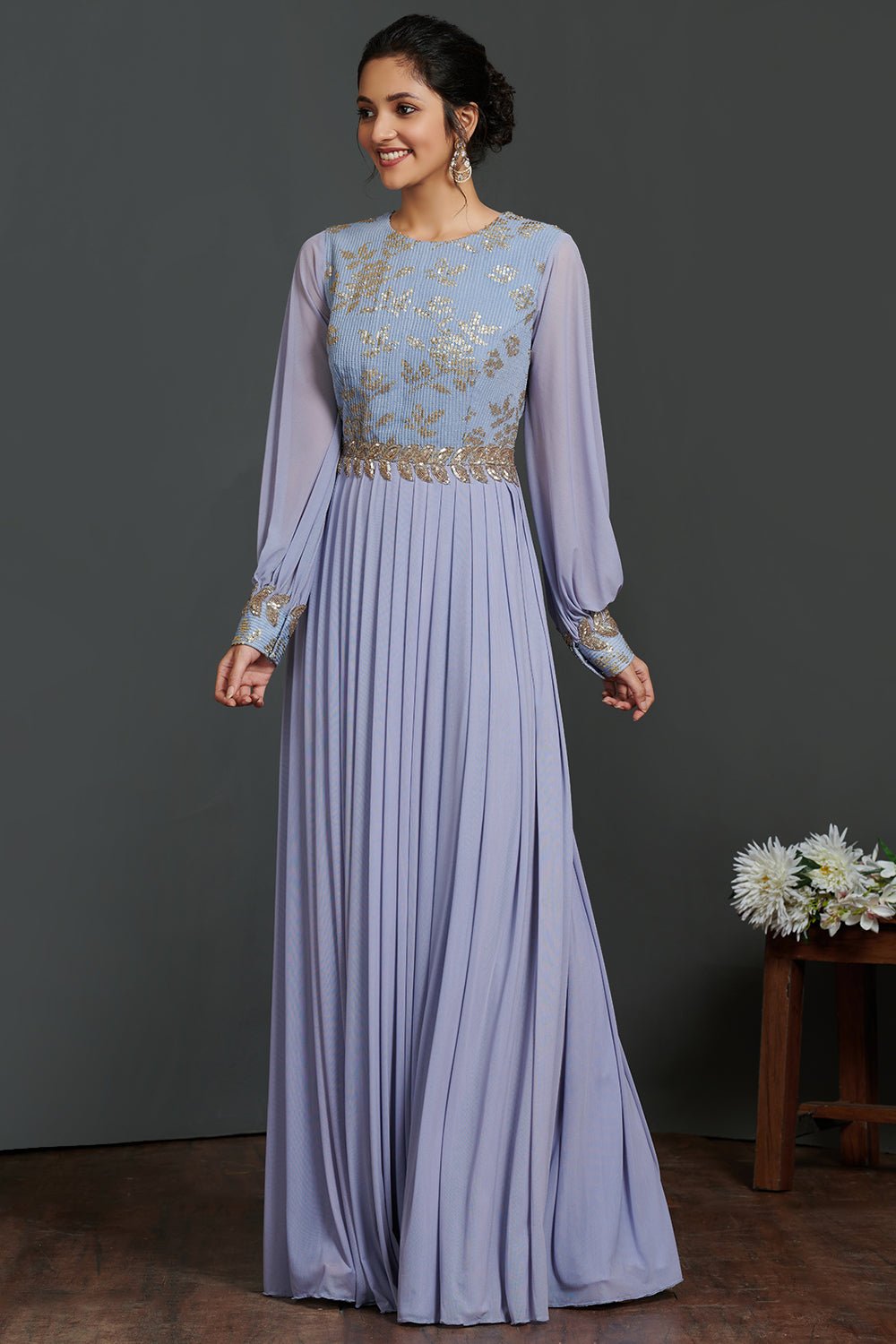 Buy stunning lavender balloon sleeves designer gown online in USA. Make a fashion statement on festive occasions and weddings with palazzo suits, sharara suits, partywear dresses, salwar suits, designer gowns from Pure Elegance Indian fashion store in USA.-side
