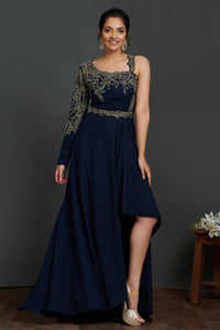 Buy beautiful navy blue antique golden embroidery asymmetric gown online in USA. Make a fashion statement on festive occasions and weddings with palazzo suits, sharara suits, partywear dresses, salwar suits from Pure Elegance Indian fashion store in USA.-full view