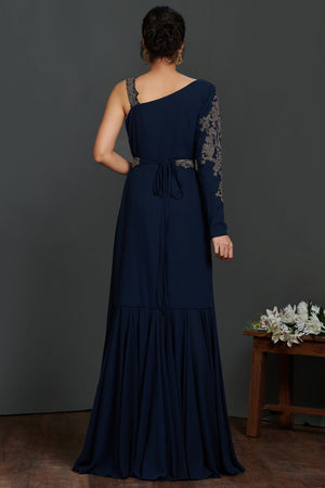 Buy beautiful navy blue antique golden embroidery asymmetric gown online in USA. Make a fashion statement on festive occasions and weddings with palazzo suits, sharara suits, partywear dresses, salwar suits from Pure Elegance Indian fashion store in USA.-back