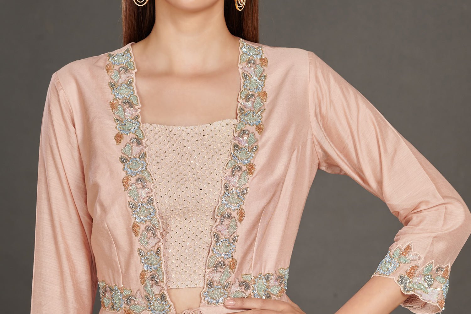 Shop beautiful light pink embroidered peplum jacket online in USA with flared palazzo. Make a fashion statement on festive occasions and weddings with palazzo suits, sharara suits, partywear dresses, salwar suits from Pure Elegance Indian fashion store in USA.-embroidery