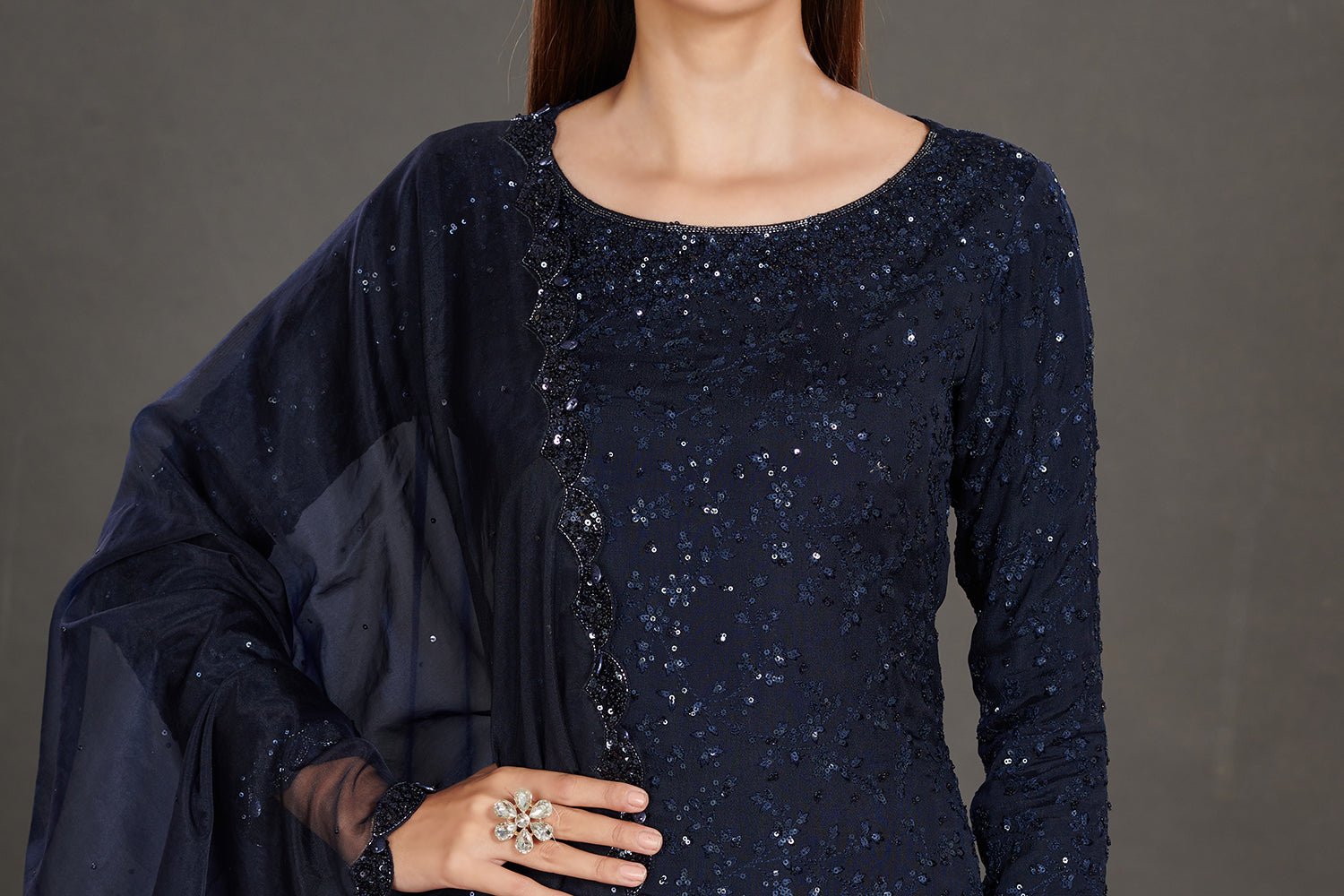 Buy stunning navy blue shimmer sharara suit online in USA. Make a fashion statement on festive occasions and weddings with palazzo suits, sharara suits, partywear dresses, salwar suits from Pure Elegance Indian fashion store in USA.-closeup