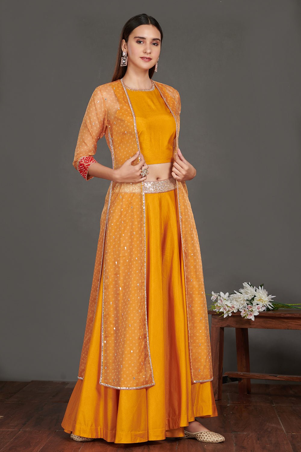Shop stunning mustard three piece co-ord set online in USA.  Make a fashion statement on festive occasions and weddings with designer suits, Indian dresses, Anarkali suits, palazzo suits, designer gowns, sharara suits from Pure Elegance Indian fashion store in USA.-right
