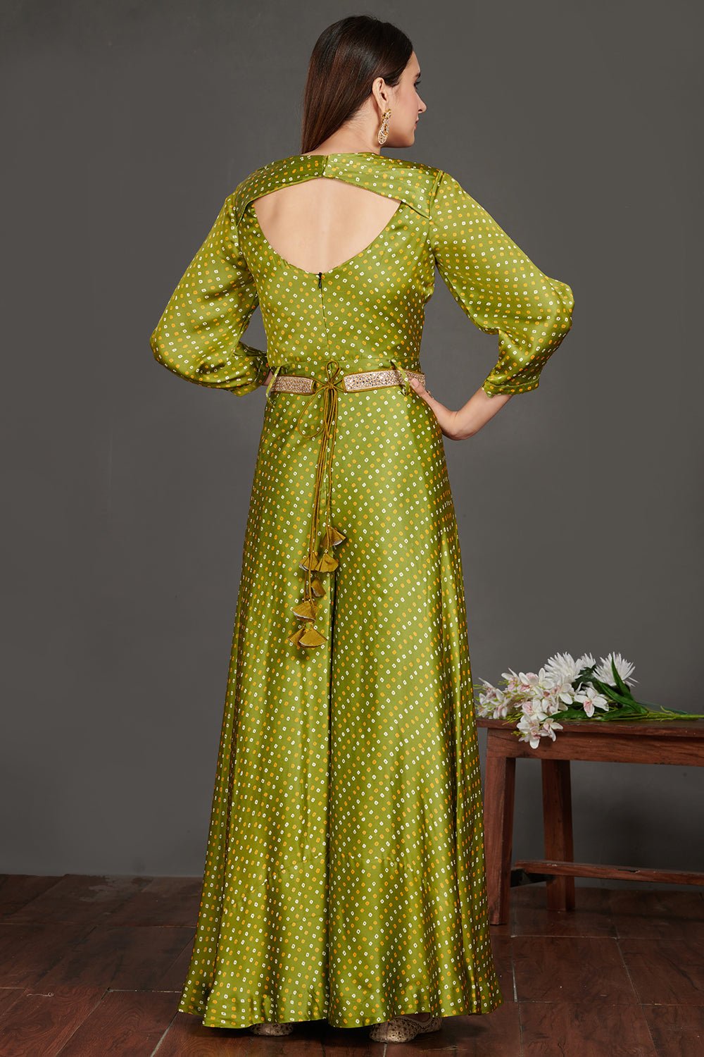 Shop beautiful mehendi green Bandhej print jumpsuit online in USA with belt. Make a fashion statement on festive occasions and weddings with palazzo suits, sharara suits, partywear dresses, salwar suits from Pure Elegance Indian fashion store in USA.-back