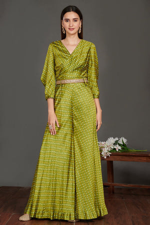 Shop beautiful mehendi green Bandhej print jumpsuit online in USA with belt. Make a fashion statement on festive occasions and weddings with palazzo suits, sharara suits, partywear dresses, salwar suits from Pure Elegance Indian fashion store in USA.-front