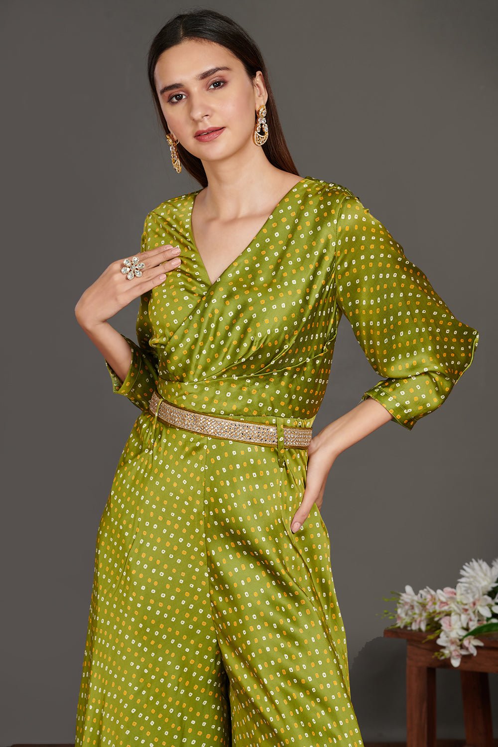 Shop beautiful mehendi green Bandhej print jumpsuit online in USA with belt. Make a fashion statement on festive occasions and weddings with palazzo suits, sharara suits, partywear dresses, salwar suits from Pure Elegance Indian fashion store in USA.-closeup 2