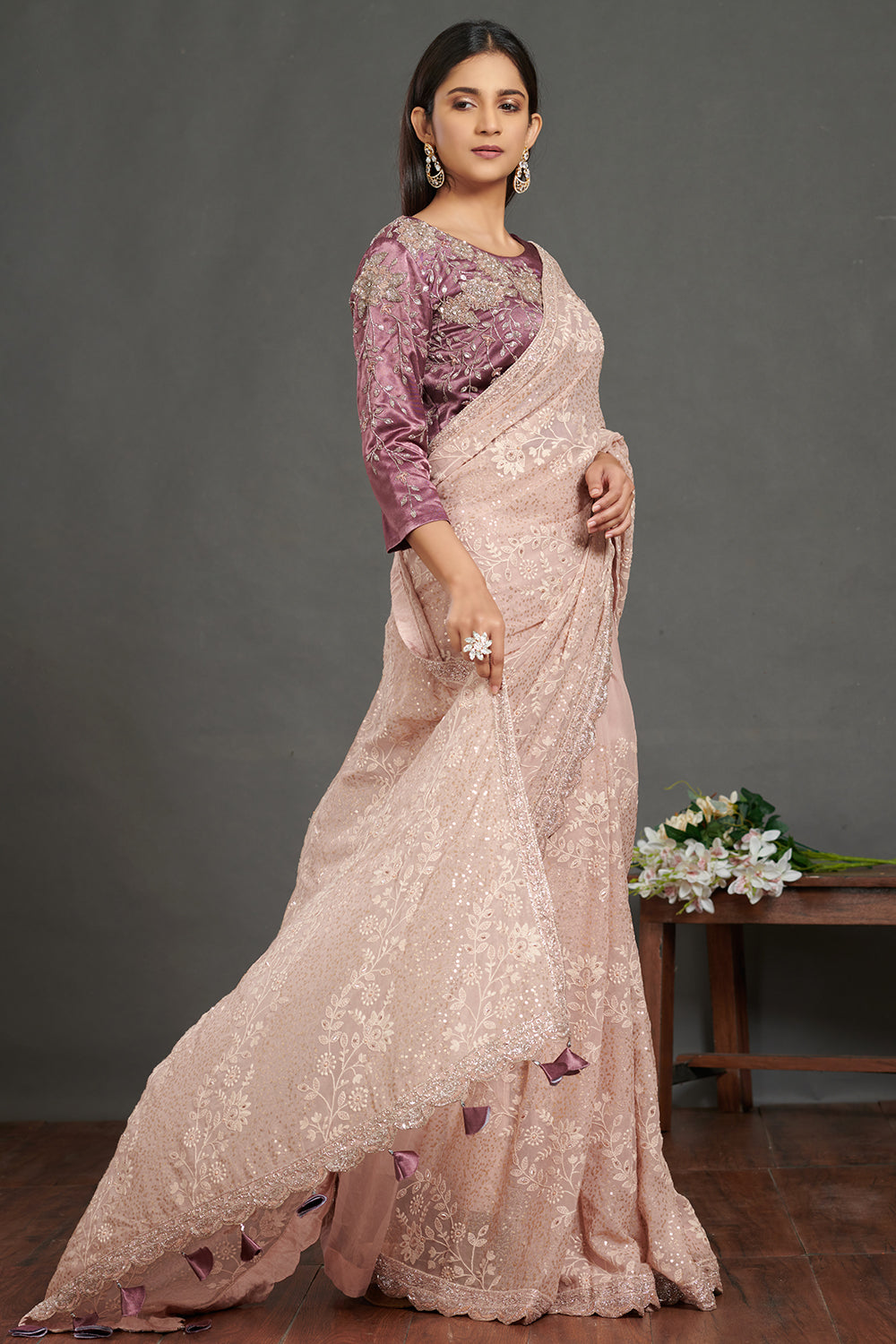 Buy stunning dusty pink chikankari saree online in USA with purple saree blouse. Make a fashion statement on festive occasions and weddings with designer sarees, embroidered saris, handwoven saris, party wear sarees from Pure Elegance Indian fashion store in USA.-right