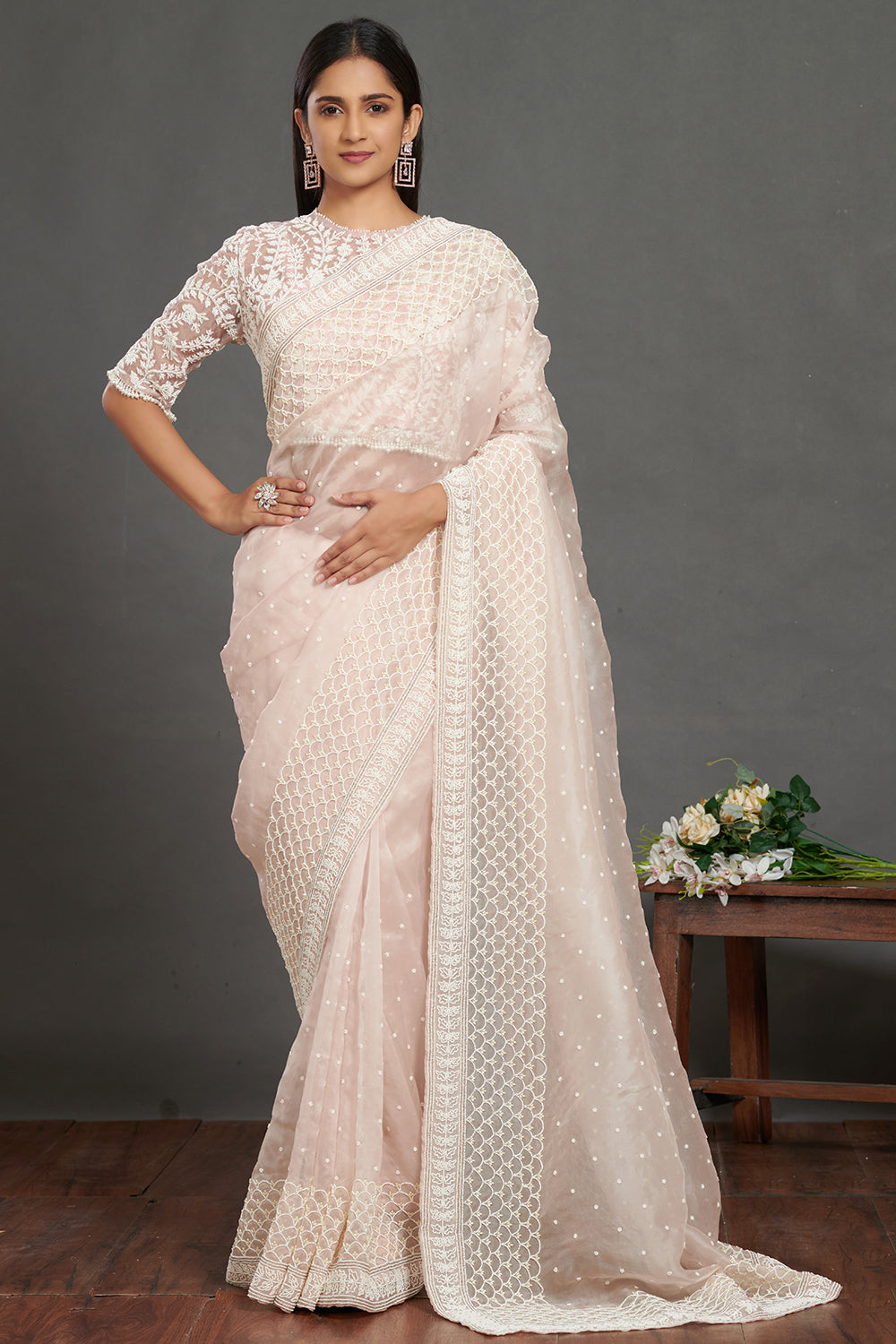 Dusty Pink Saree with white designer blouse - DRAPEMODA