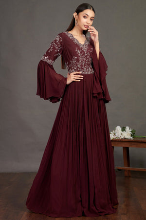 Shop stunning wine embroidered fit and flare gown online in USA  Make a fashion statement on festive occasions and weddings with designer suits, Indian dresses, Anarkali suits, palazzo suits, designer gowns, sharara suits from Pure Elegance Indian fashion store in USA.-right
