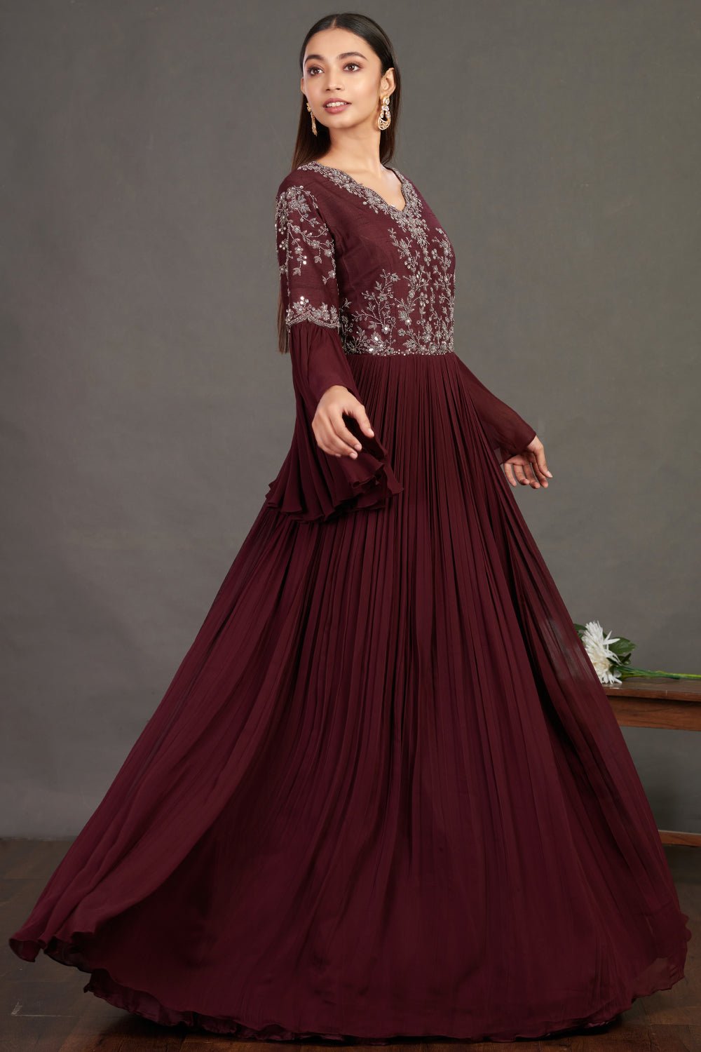 Shop stunning wine embroidered fit and flare gown online in USA  Make a fashion statement on festive occasions and weddings with designer suits, Indian dresses, Anarkali suits, palazzo suits, designer gowns, sharara suits from Pure Elegance Indian fashion store in USA.-full view
