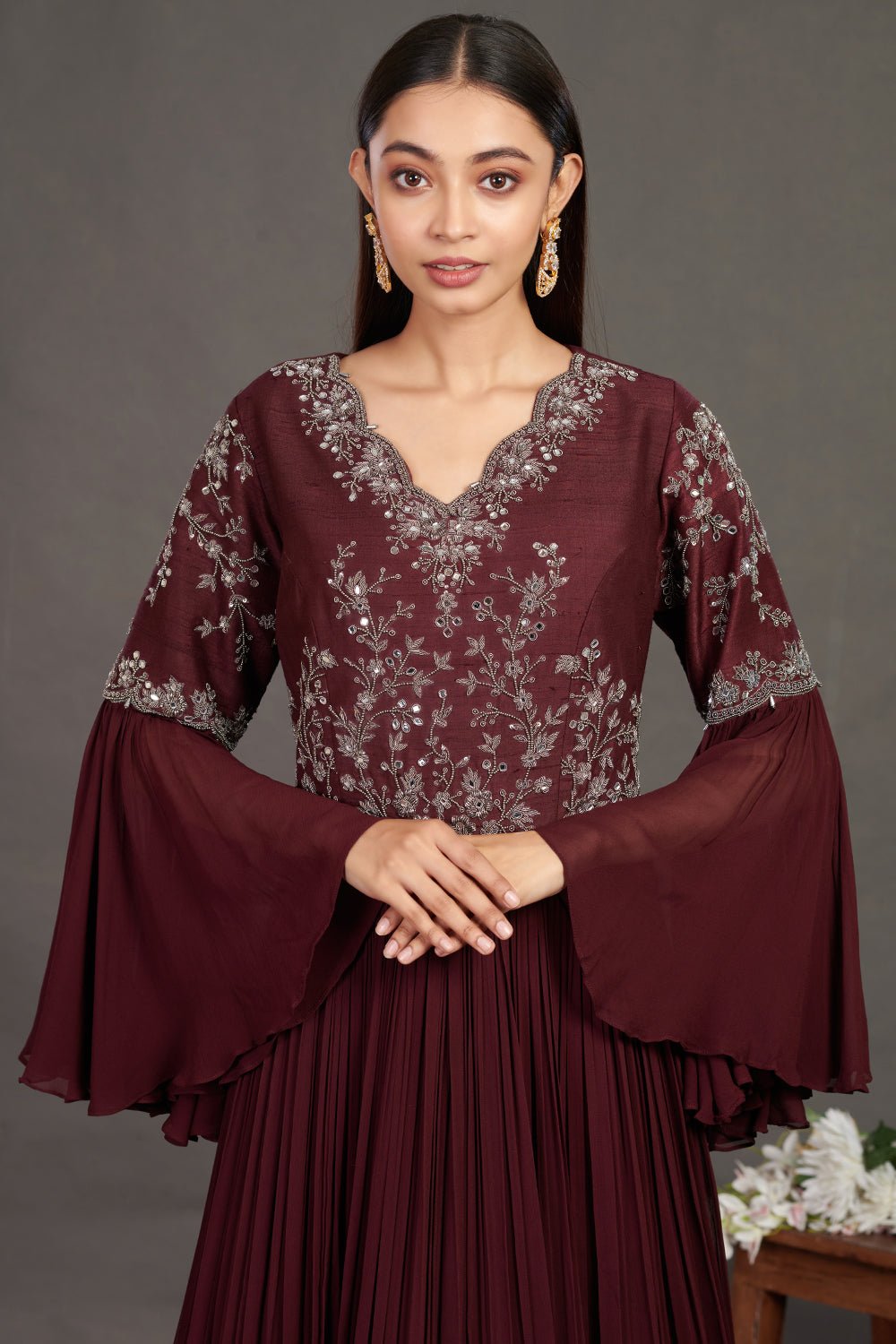 Shop stunning wine embroidered fit and flare gown online in USA  Make a fashion statement on festive occasions and weddings with designer suits, Indian dresses, Anarkali suits, palazzo suits, designer gowns, sharara suits from Pure Elegance Indian fashion store in USA.-closeup