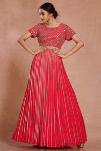 Shop stunning red fit and flare mirror work gown online in USA. Make a fashion statement on festive occasions and weddings with designer suits, Indian dresses, Anarkali suits, palazzo suits, designer gowns, sharara suits from Pure Elegance Indian fashion store in USA.-full view