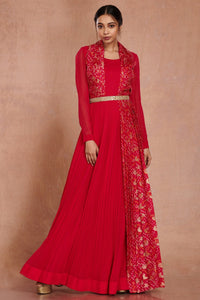 Shop beautiful red georgette Anarkali online in USA with attached dupatta and belt. Make a fashion statement on festive occasions and weddings with designer suits, Indian dresses, Anarkali suits, palazzo suits, designer gowns, sharara suits from Pure Elegance Indian fashion store in USA.-full view