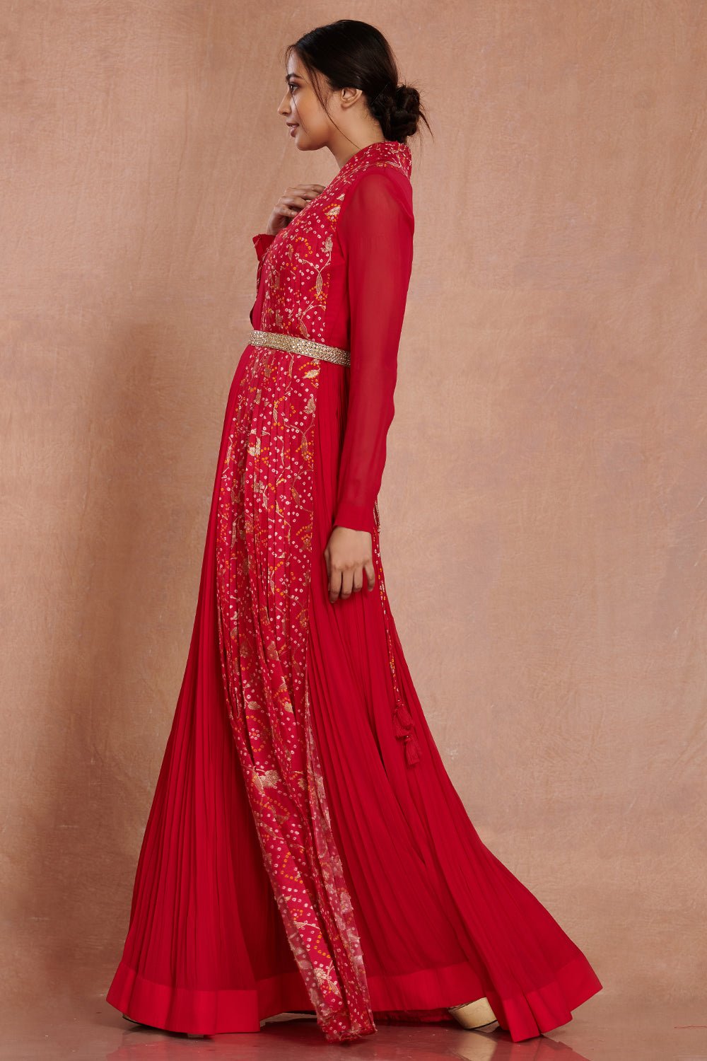 Shop beautiful red georgette Anarkali online in USA with attached dupatta and belt. Make a fashion statement on festive occasions and weddings with designer suits, Indian dresses, Anarkali suits, palazzo suits, designer gowns, sharara suits from Pure Elegance Indian fashion store in USA.-side