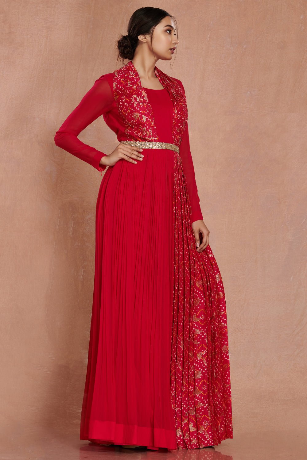 Shop beautiful red georgette Anarkali online in USA with attached dupatta and belt. Make a fashion statement on festive occasions and weddings with designer suits, Indian dresses, Anarkali suits, palazzo suits, designer gowns, sharara suits from Pure Elegance Indian fashion store in USA.-right