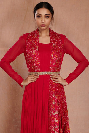 Shop beautiful red georgette Anarkali online in USA with attached dupatta and belt. Make a fashion statement on festive occasions and weddings with designer suits, Indian dresses, Anarkali suits, palazzo suits, designer gowns, sharara suits from Pure Elegance Indian fashion store in USA.-closeup