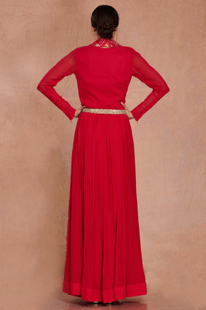 Shop beautiful red georgette Anarkali online in USA with attached dupatta and belt. Make a fashion statement on festive occasions and weddings with designer suits, Indian dresses, Anarkali suits, palazzo suits, designer gowns, sharara suits from Pure Elegance Indian fashion store in USA.-back