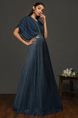 Buy beautiful satin gown pleated gown online in USA with metallic belt. Make a fashion statement on festive occasions and weddings with designer suits, Indian dresses, Anarkali suits, palazzo suits, designer gowns, sharara suits from Pure Elegance Indian fashion store in USA.-right