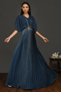 Buy beautiful satin gown pleated gown online in USA with metallic belt. Make a fashion statement on festive occasions and weddings with designer suits, Indian dresses, Anarkali suits, palazzo suits, designer gowns, sharara suits from Pure Elegance Indian fashion store in USA.-full view