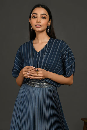 Buy beautiful satin gown pleated gown online in USA with metallic belt. Make a fashion statement on festive occasions and weddings with designer suits, Indian dresses, Anarkali suits, palazzo suits, designer gowns, sharara suits from Pure Elegance Indian fashion store in USA.-closeup