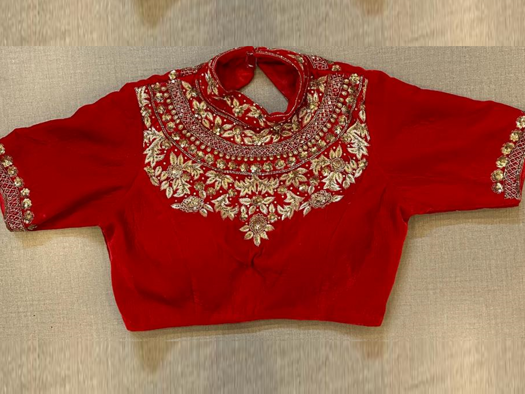 50w476-RO  Red High Neck Designer Saree Blouse With Embroidery