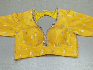 Buy beautiful yellow embroidered readymade saree blouse online in USA. Elevate your Indian ethnic sarees with beautiful readymade sari blouses, embroidered saree blouses, Banarasi saree blouse, designer sari blouses, choli-cut blouses from Pure Elegance Indian fashion store in USA.-full view