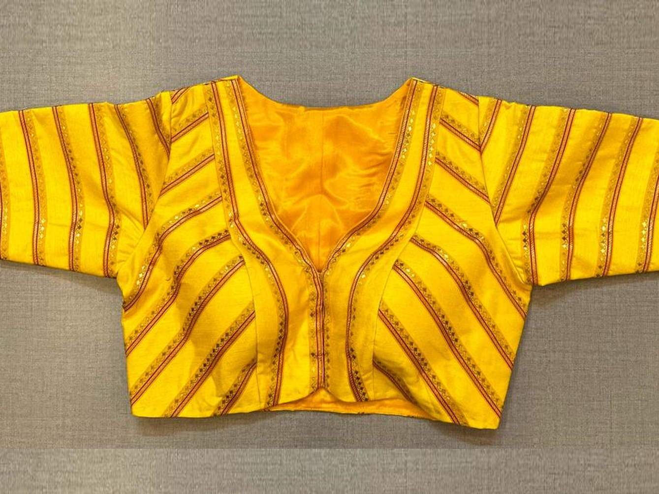 50W485-RO - Exquisite Yellow Stripped Embroidered Blouse