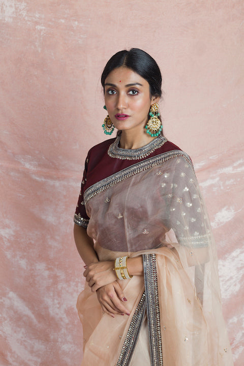 Buy beautiful beige embroidered organza saree online in USA with wine color embroidered saree blouse. Champion ethnic fashion on weddings and festivals with a stunning collection of designer sarees, handloom saris with blouse, wedding sarees, from Pure Elegance Indian fashion store in USA.-closeup