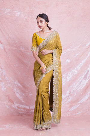 Buy beautiful mustard color embroidered mysore silk sari online in USA with embroidered saree blouse. Champion ethnic fashion on weddings and festivals with a stunning collection of designer sarees, handloom sarees with blouse, wedding sarees, from Pure Elegance Indian fashion store in USA.-side
