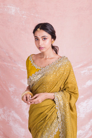 Buy beautiful mustard color embroidered mysore silk sari online in USA with embroidered saree blouse. Champion ethnic fashion on weddings and festivals with a stunning collection of designer sarees, handloom sarees with blouse, wedding sarees, from Pure Elegance Indian fashion store in USA.-closeup