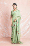 Shop elegant pista green embroidered Banarasi chanderi saree online in USA with sari blouse. Champion ethnic fashion on weddings and festivals with a stunning collection of Banarasi sarees, handloom sarees with blouse, bridal sarees, from Pure Elegance Indian fashion store in USA.-full view