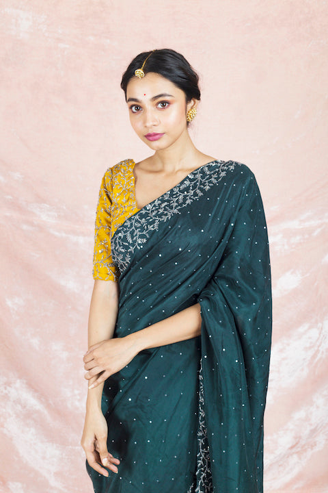 90Z082-RO Dark Green Embroidered Silk Sari with Embroidered Yellow Blouse