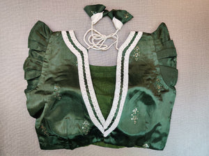 Buy stunning dark green saree blouse online in USA with frill sleeves. Elevate your Indian ethnic saree looks with beautiful readymade saree blouse, embroidered saree blouses, Banarasi saree blouse, designer sari blouses from Pure Elegance Indian fashion store in USA.-back