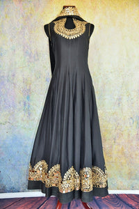 500859 Shop this ethnic Indian Pure Elegance black anarkali suit online or from our store near NYC. It is perfect for any wedding, reception, sangeet or engagement party. Front View.