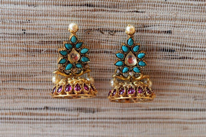 20A672 Turquoise & Purple Glass & Pearl Earrings